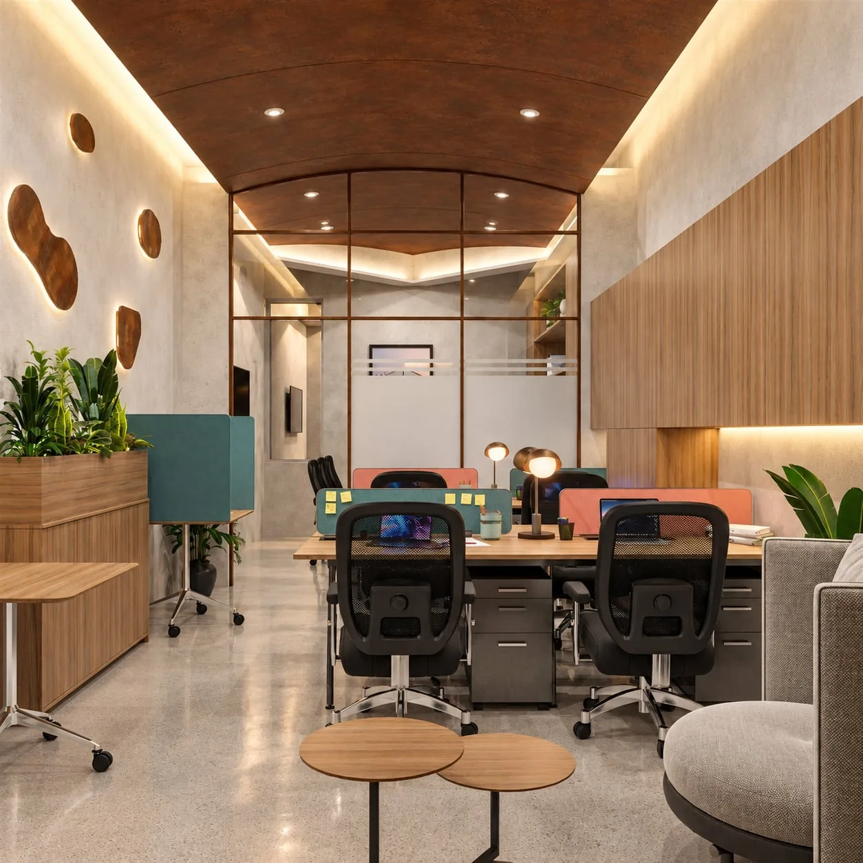 Open-plan office with timber panelling, task chairs and organic wall discs