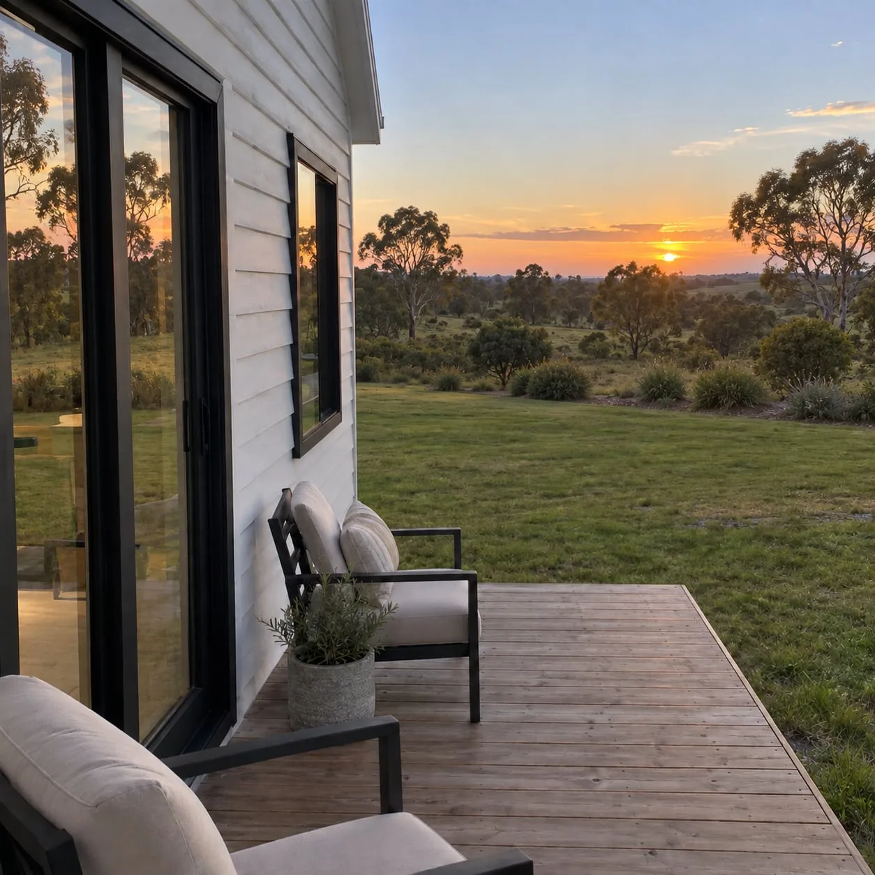 Covered porch looking out over the meadow at sunset