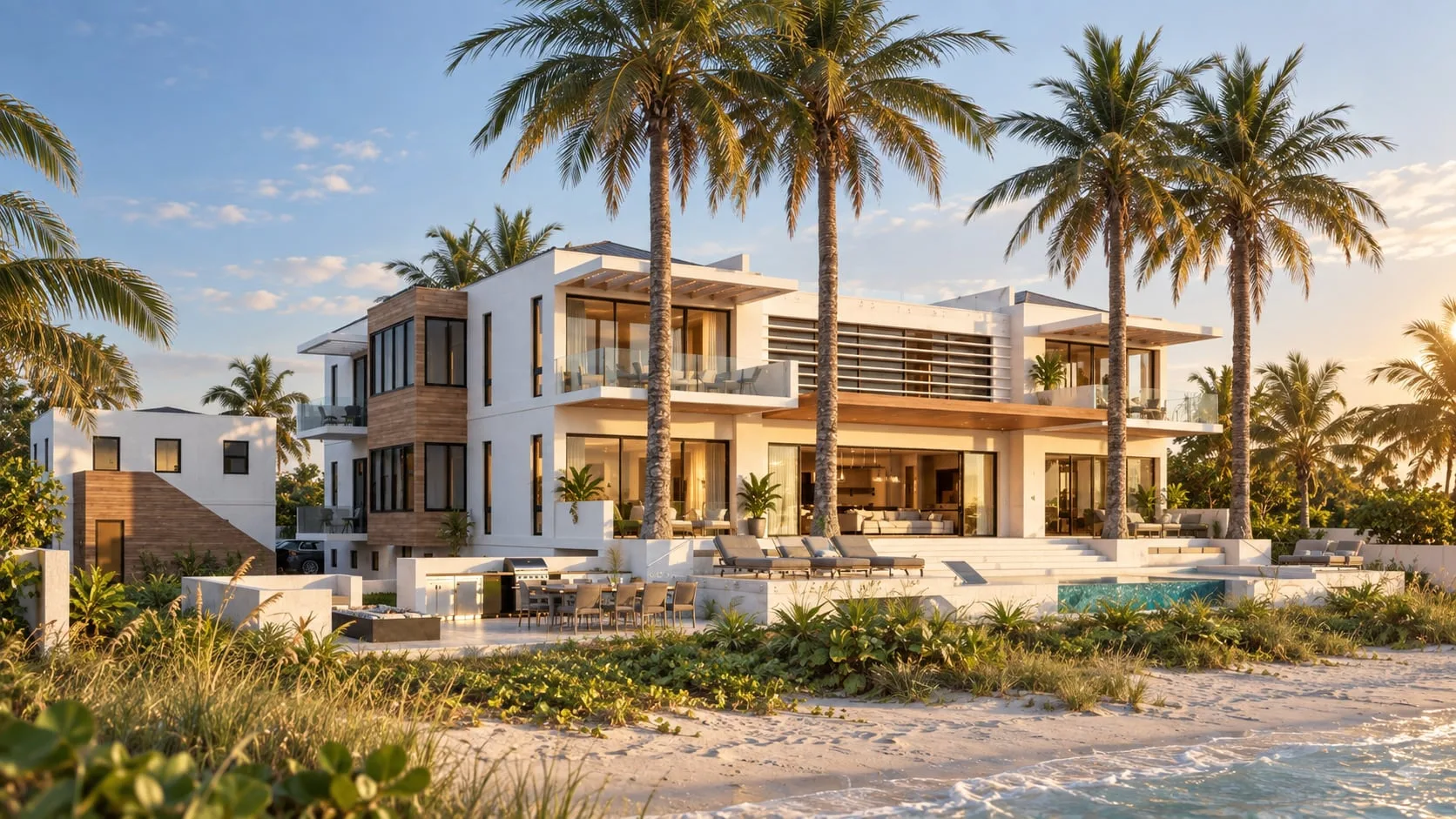 Beachfront villa with palms and a pool terrace