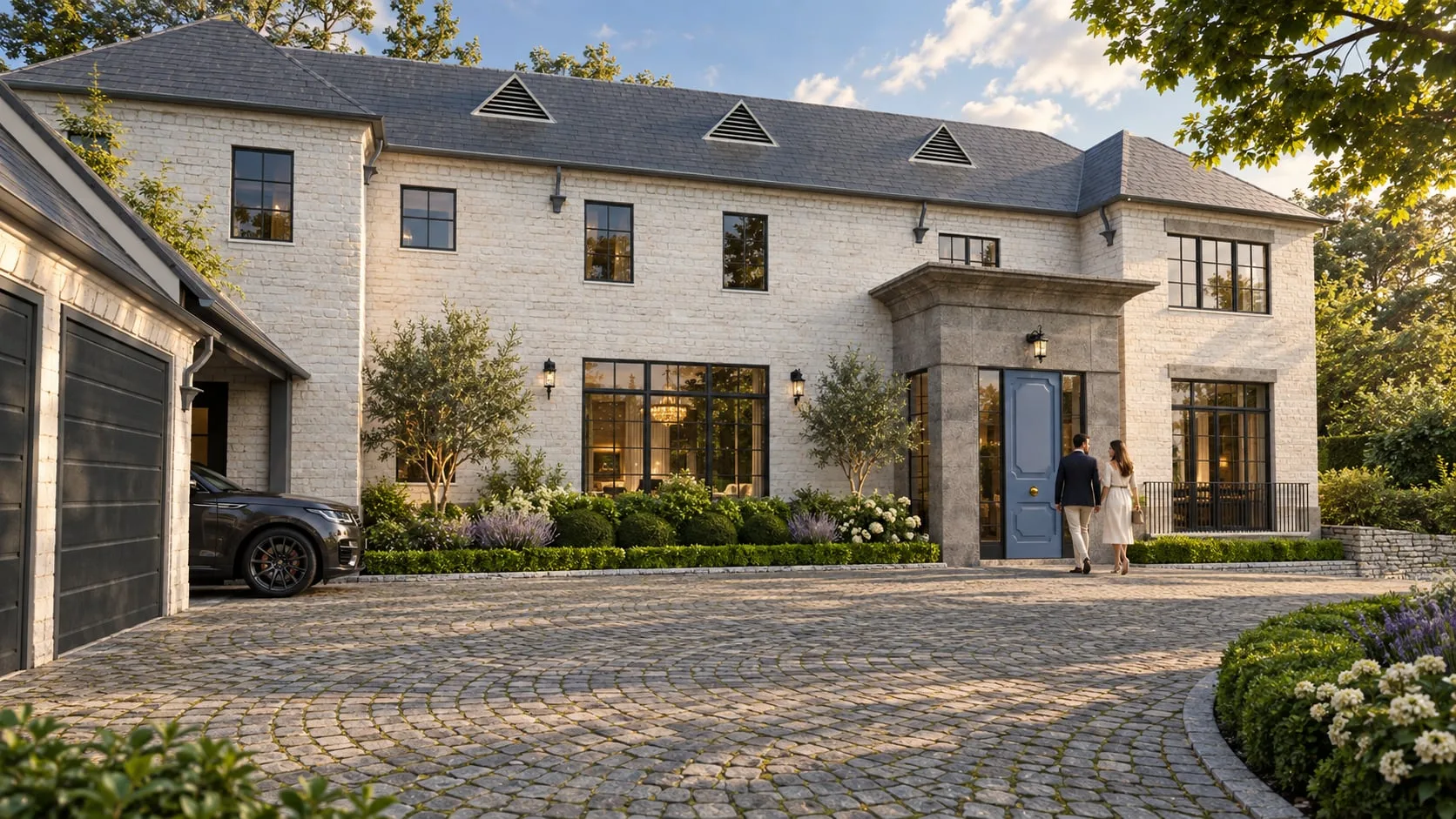 Brick house and cobbled forecourt in evening light, visitors at the door