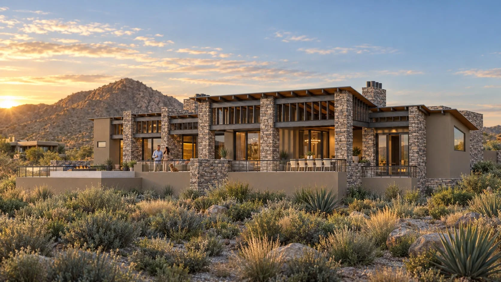 Stone and timber desert house at sunset behind native planting