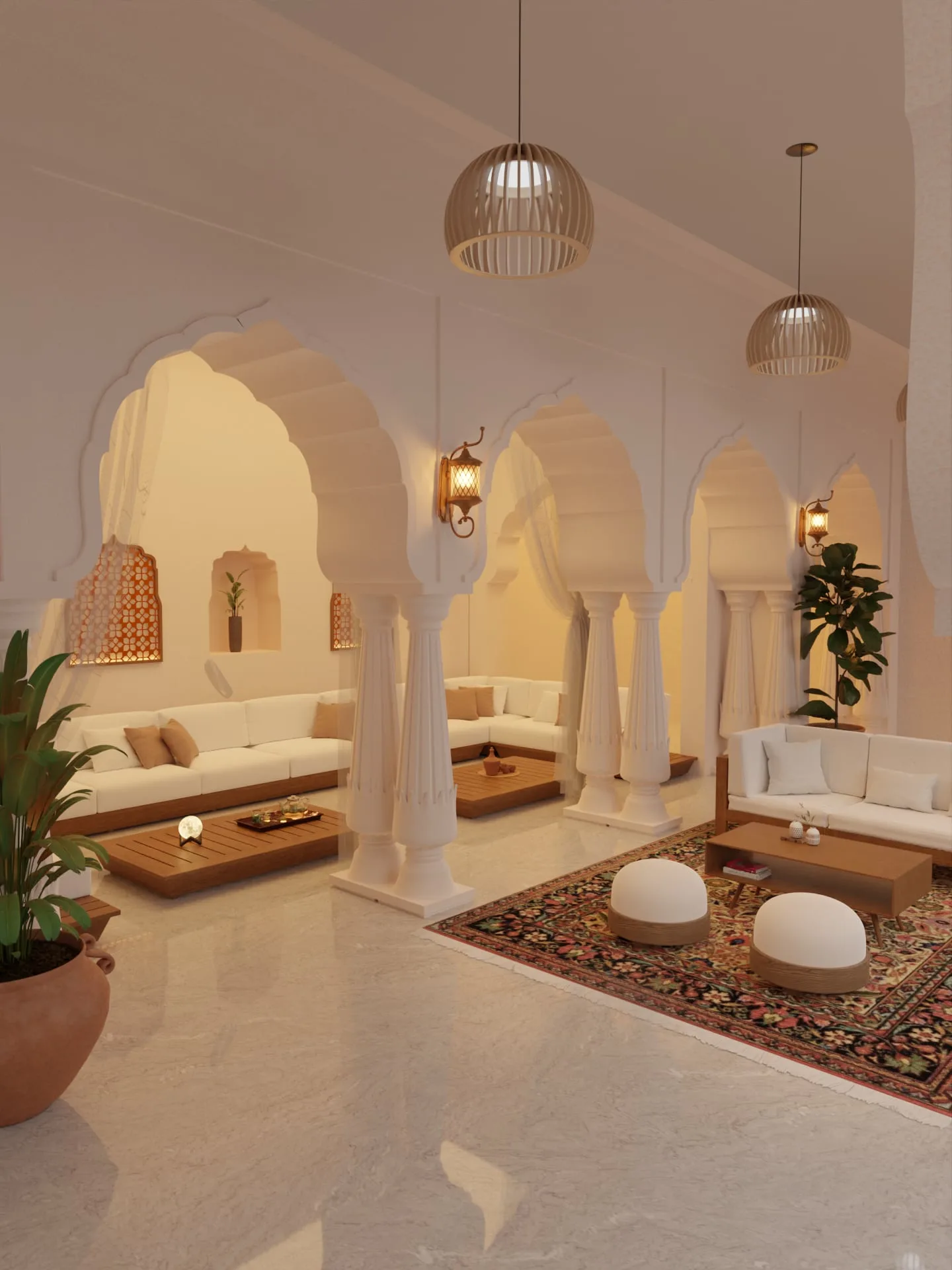 Arcaded haveli lounge in cream plaster with low seating and jali-screened lanterns
