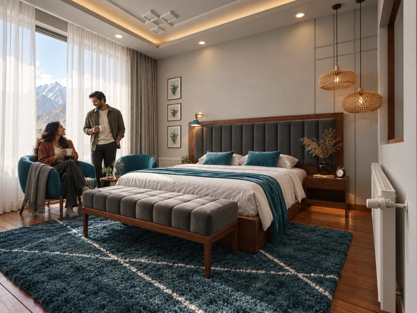Hotel bedroom with a panelled headboard and blue rug, mountains through the window