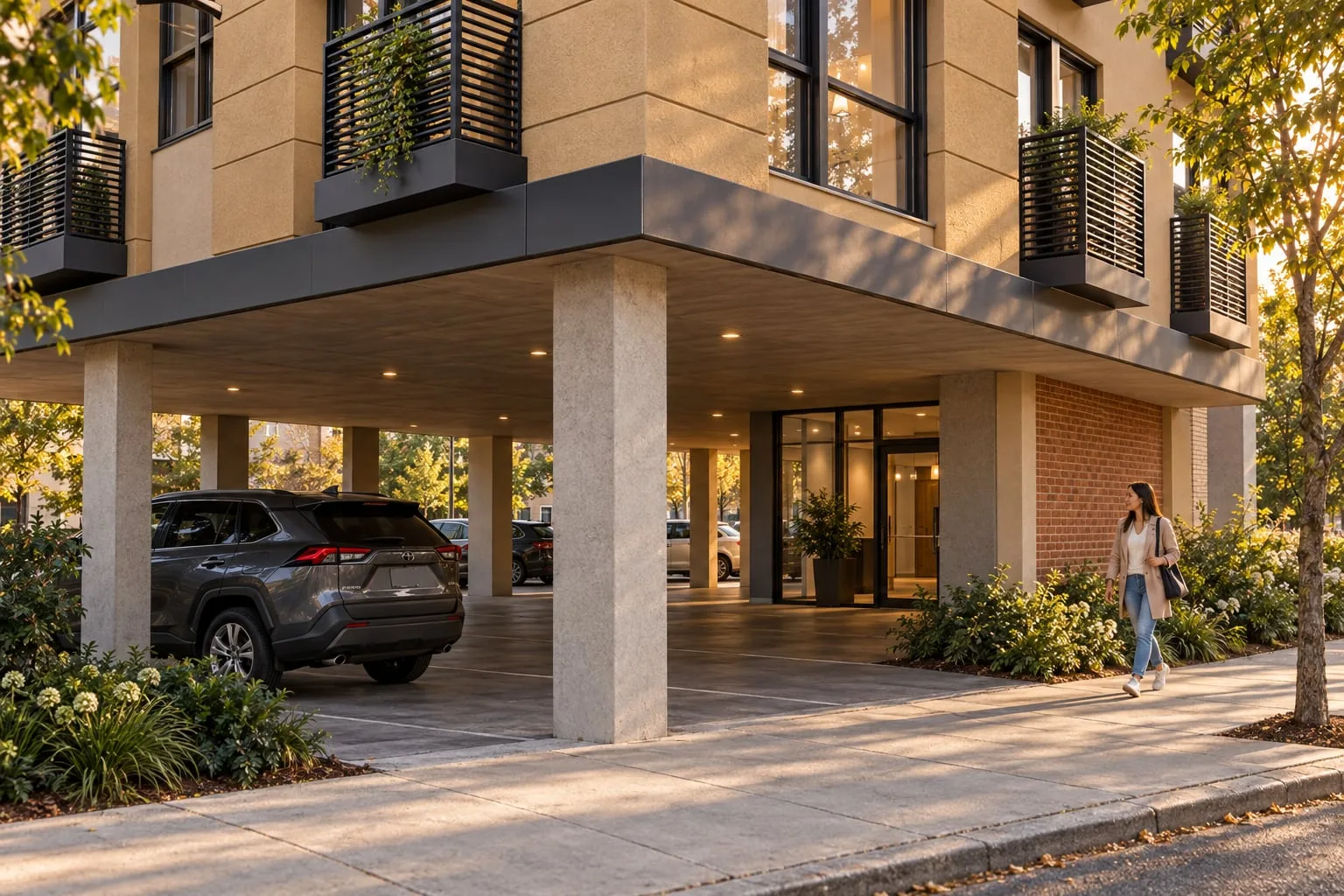 Covered drop-off beneath the building, a resident walking past the entrance