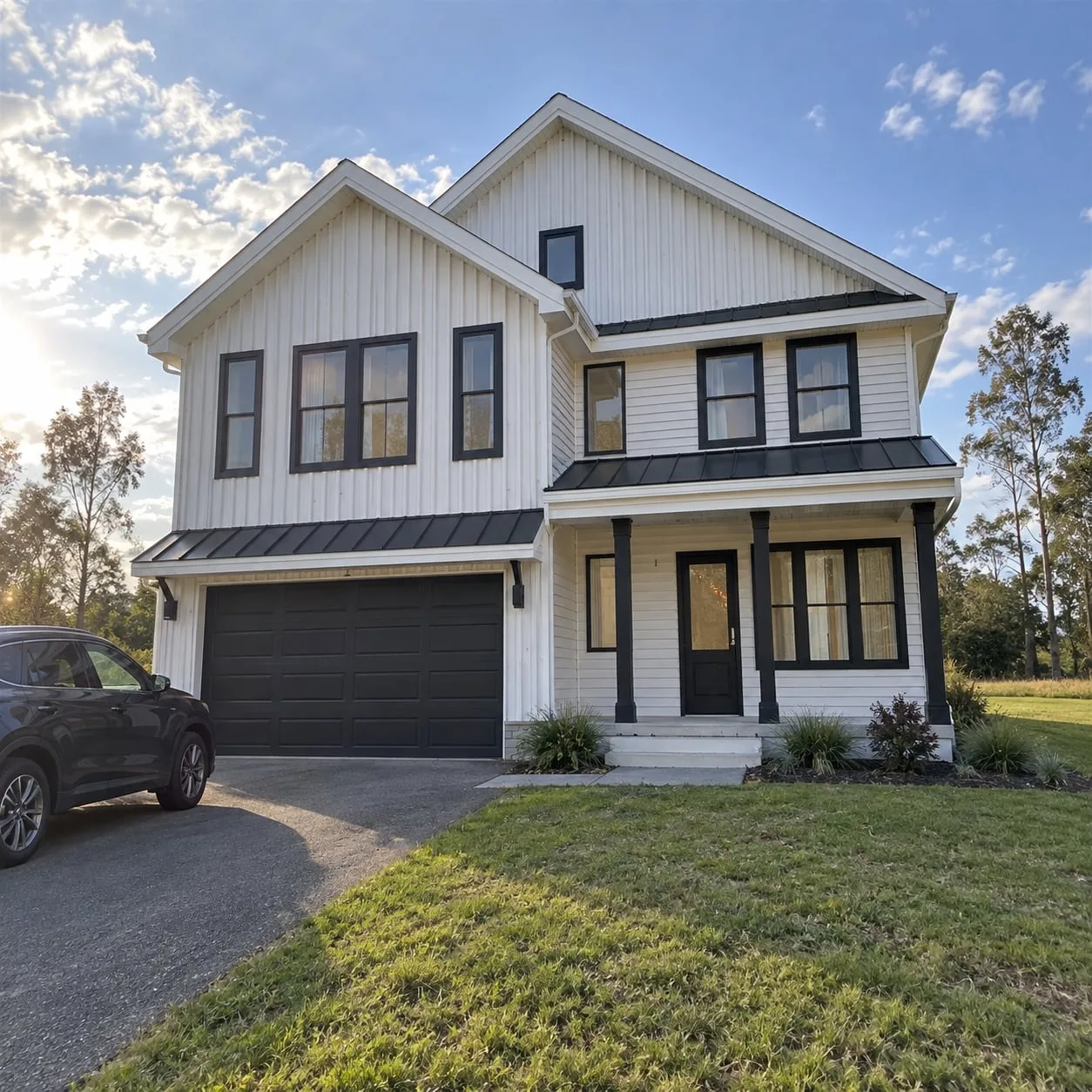 White clapboard house with a dark garage door and a covered porch