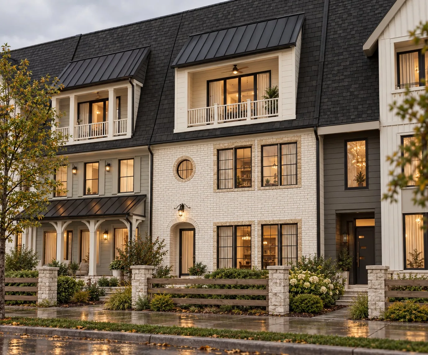 Street elevation in white brick and dark trim, porches and balconies under a gabled roof