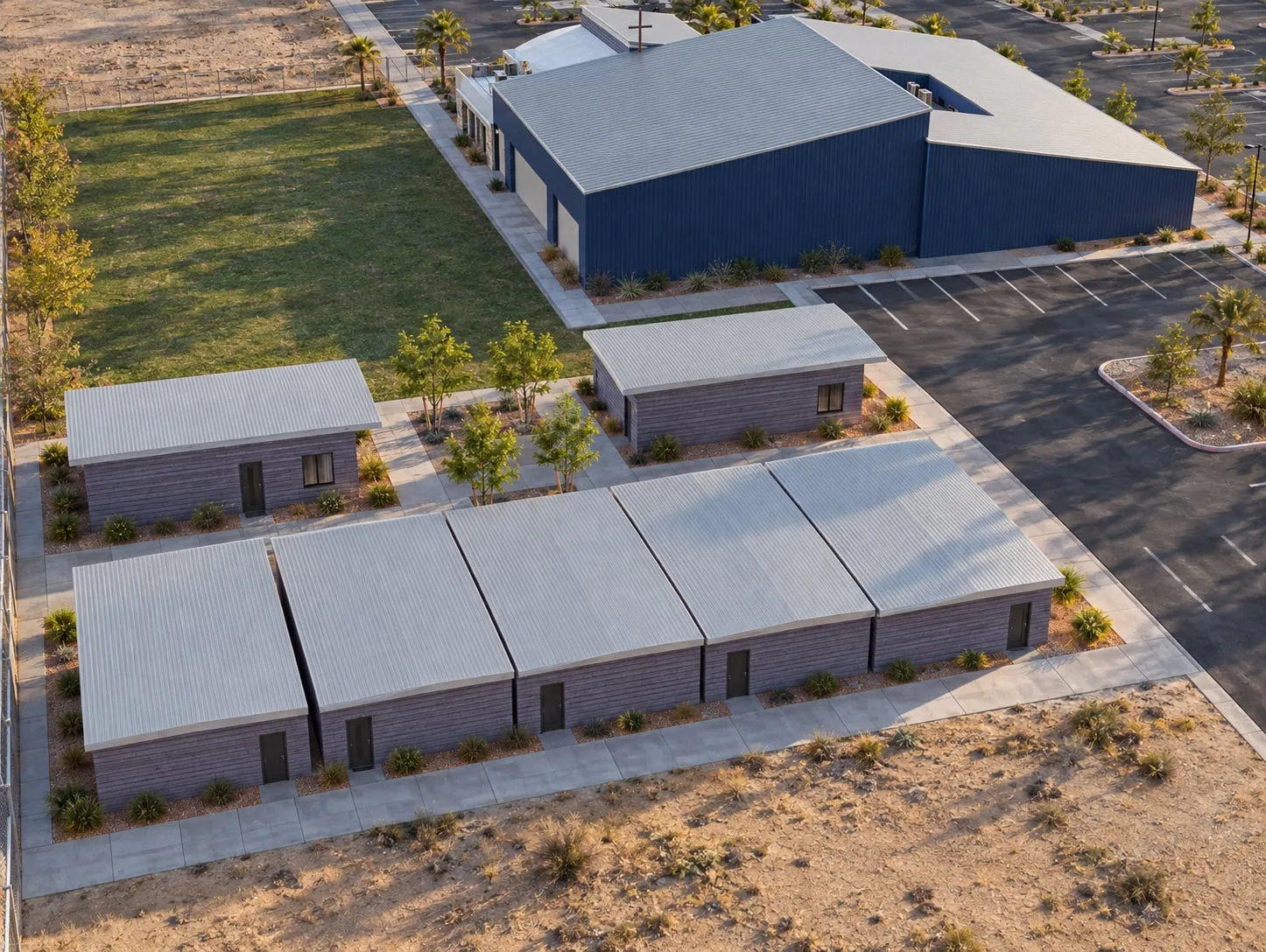 Aerial of the units and their courtyards next to the main hall