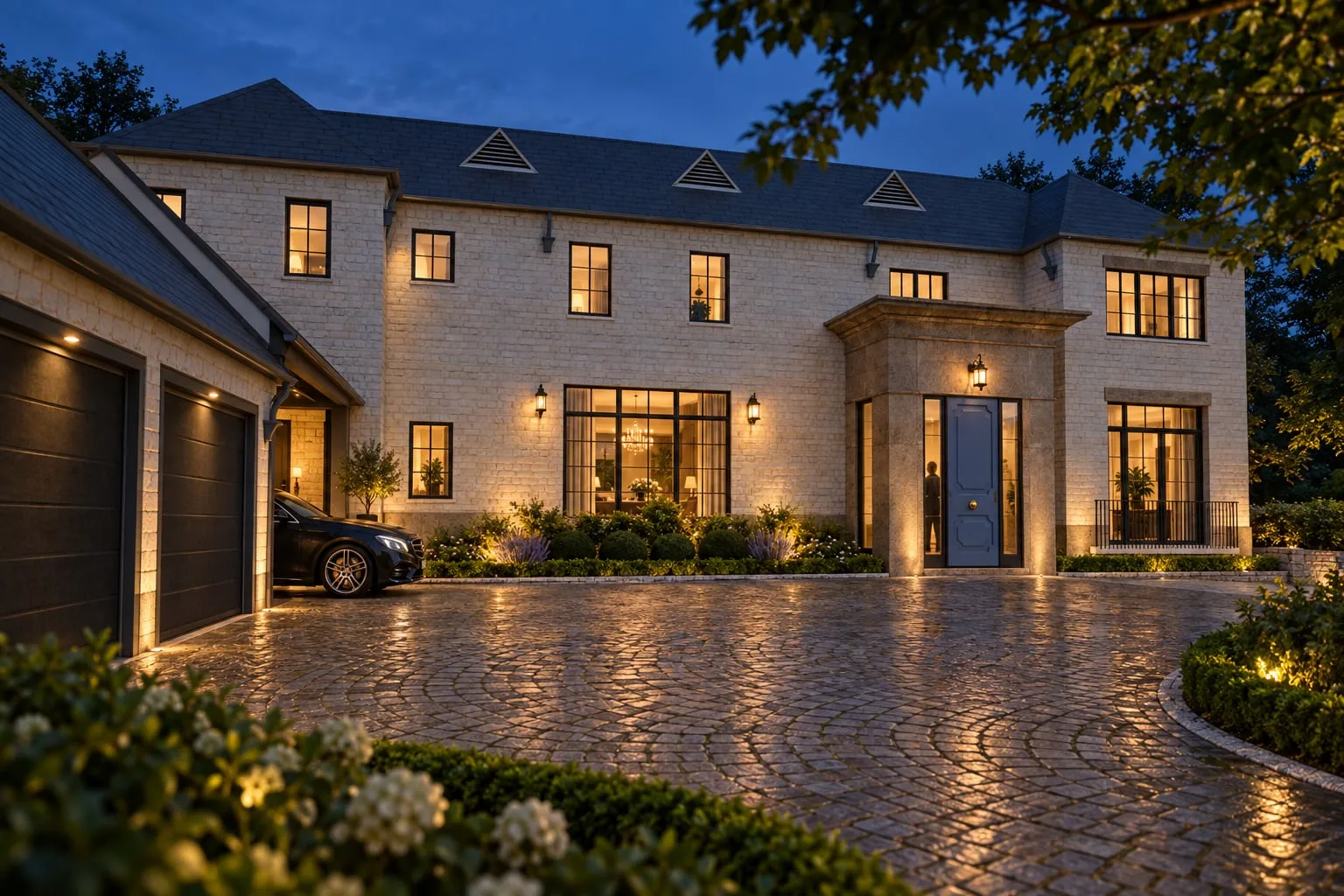 The forecourt at dusk with every window lit