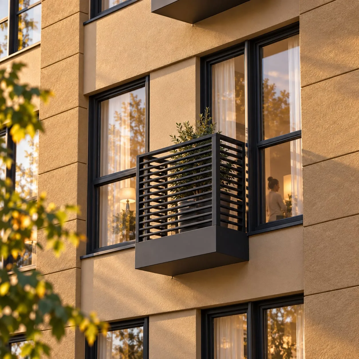 Detail of a balcony and planter against the brick facade