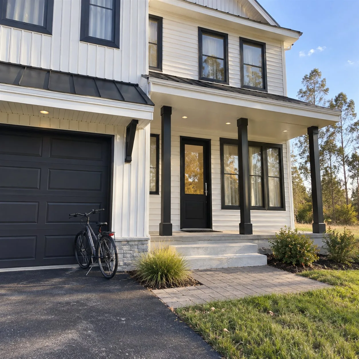 Entrance porch with columns and steps, a bicycle against the wall