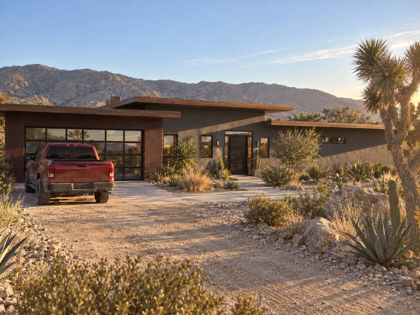 The house from the drive with a pickup parked outside