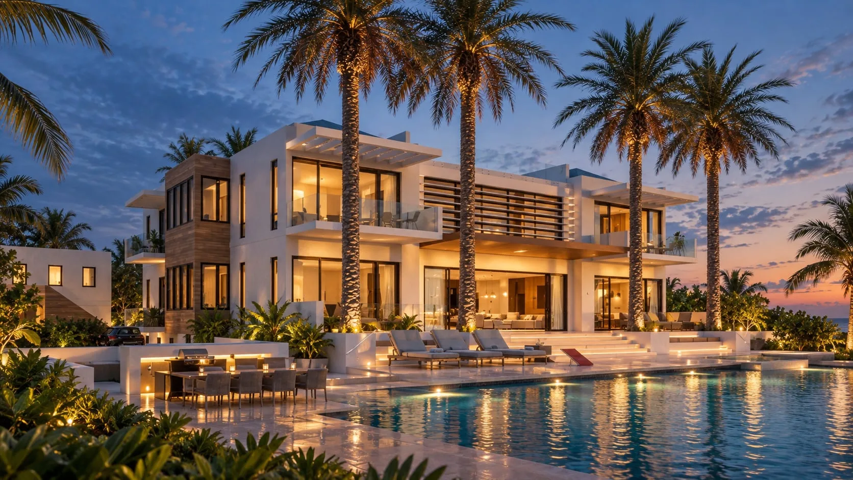 The villa lit at dusk, pool and loungers in the foreground