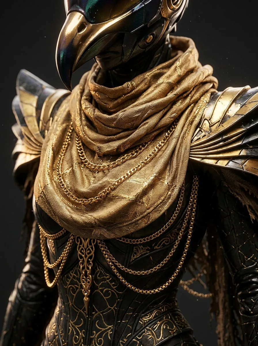 Detail of the chest and shoulder: draped gold cloth, chains and patterned black plate