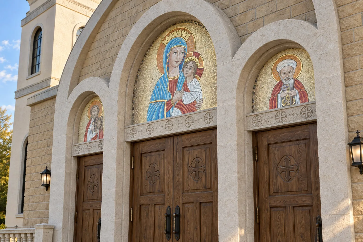 Mosaic icons set in arched recesses above the timber entrance doors