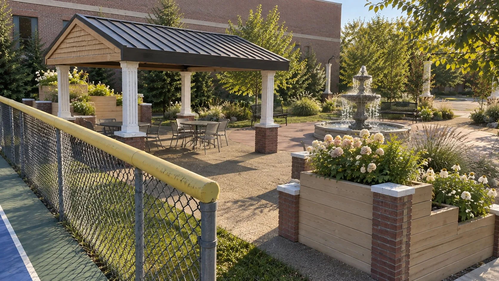 Pavilion and fountain from the fence line