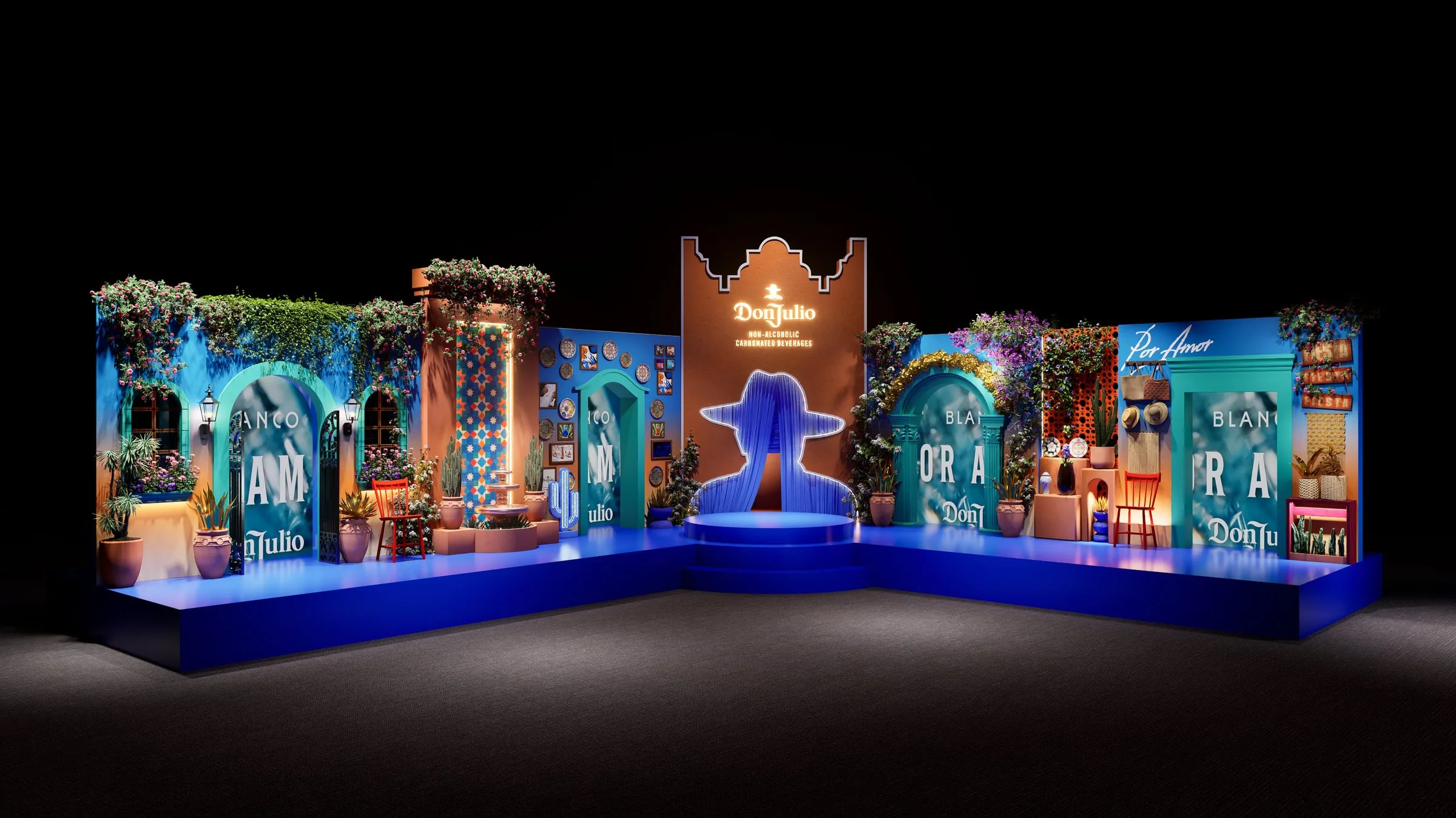 The set lit for the event with the bar alcoves either side