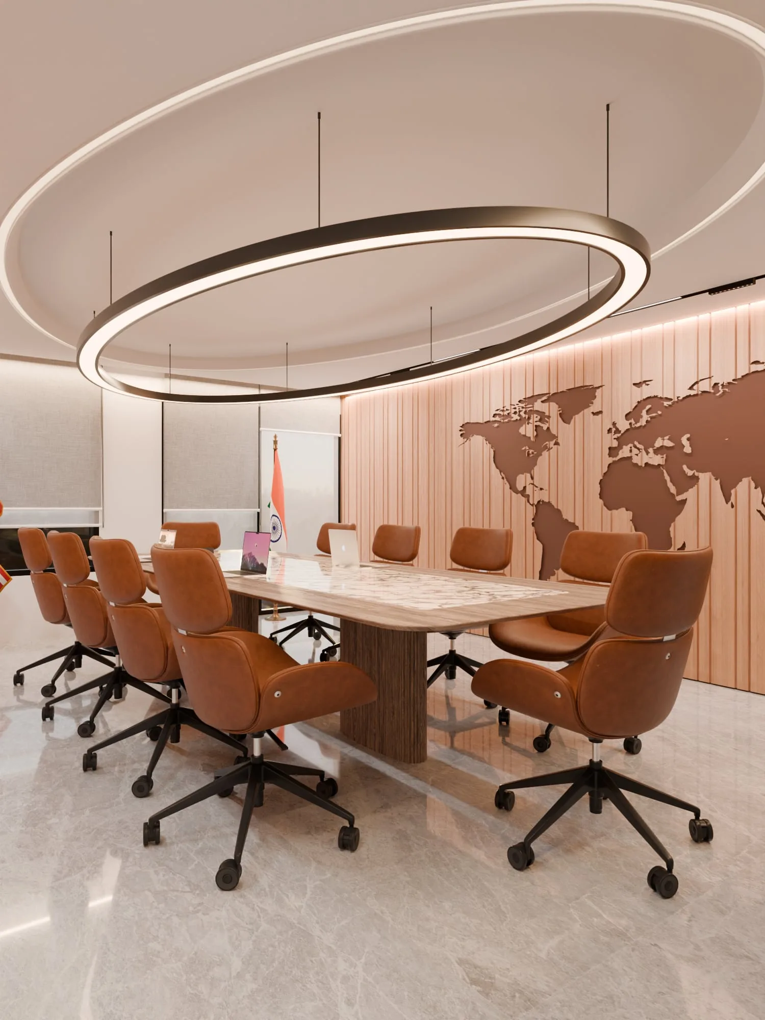 Boardroom from the head of the table, world map on the timber wall