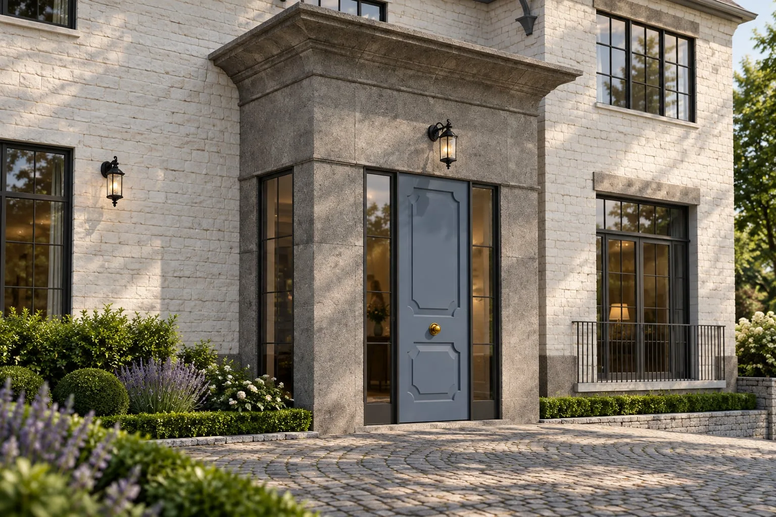 Entrance bay with the blue front door between stone pilasters