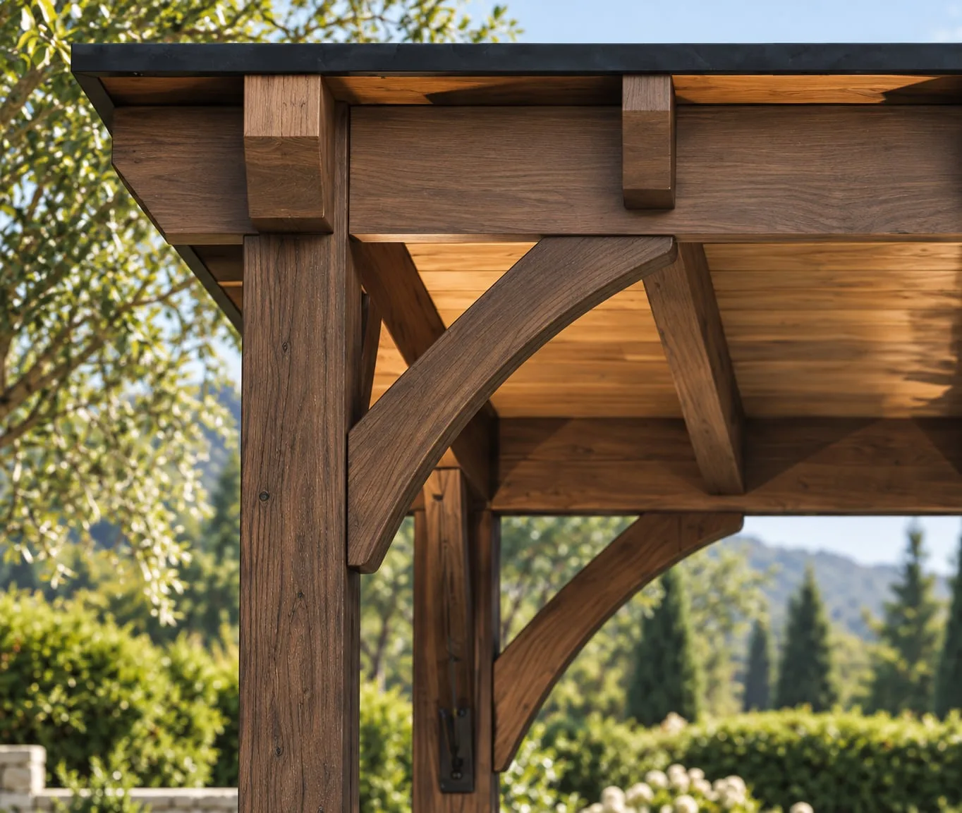 Detail of the curved bracket where the beam meets the post