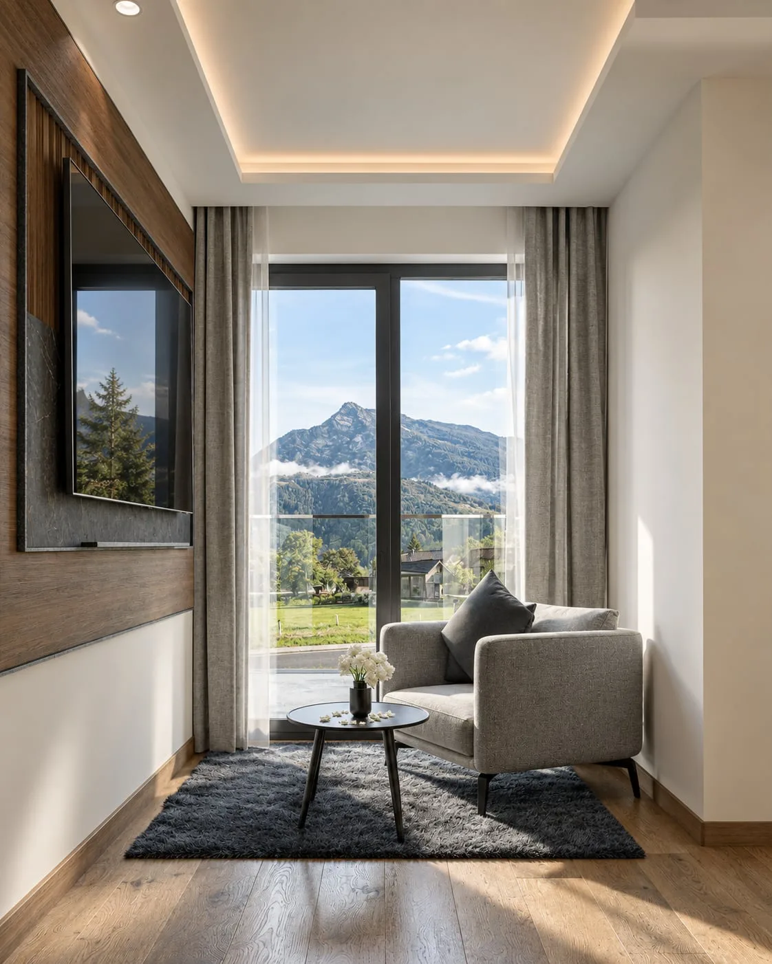 A sitting area with a low armchair and side table facing a balcony door, mountains filling the opening