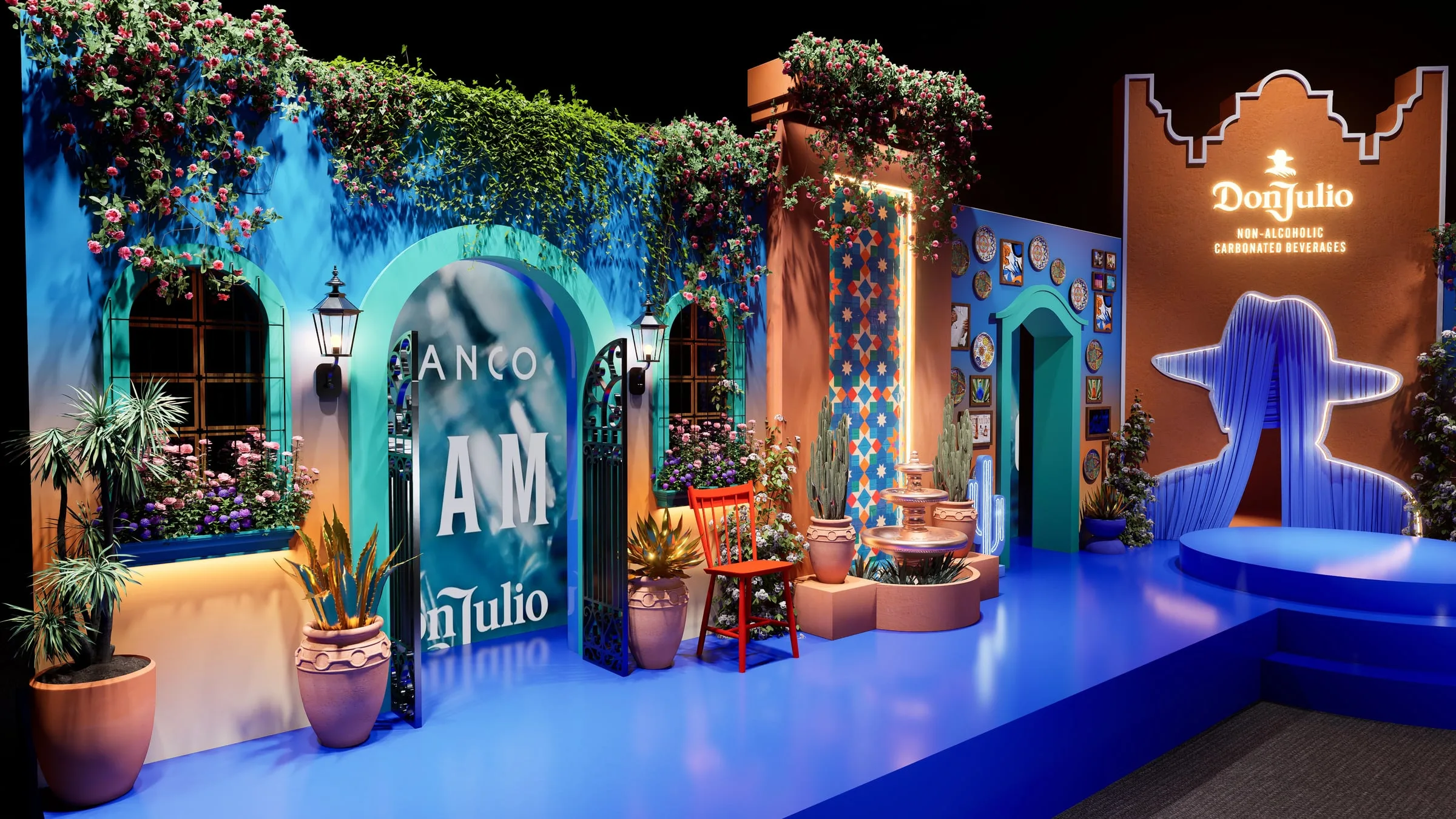 Detail of the arches, planting and signage across the set