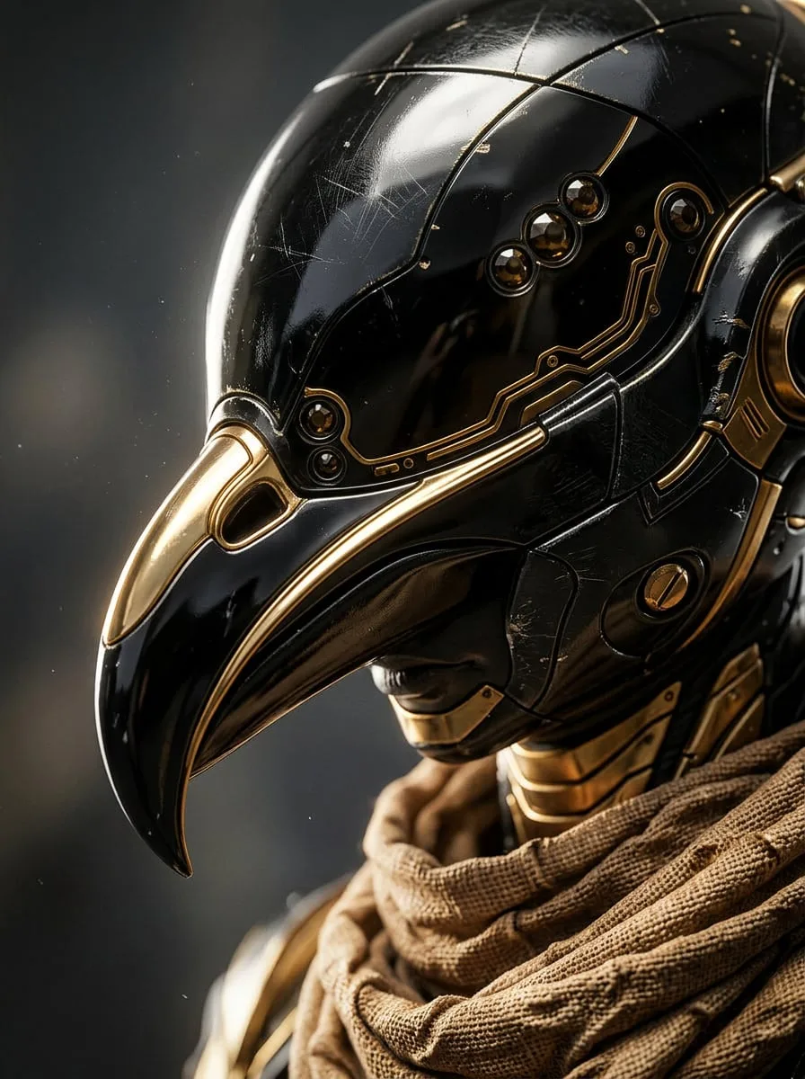 Macro of the mask, glossy black beak edged in gold above a woven scarf