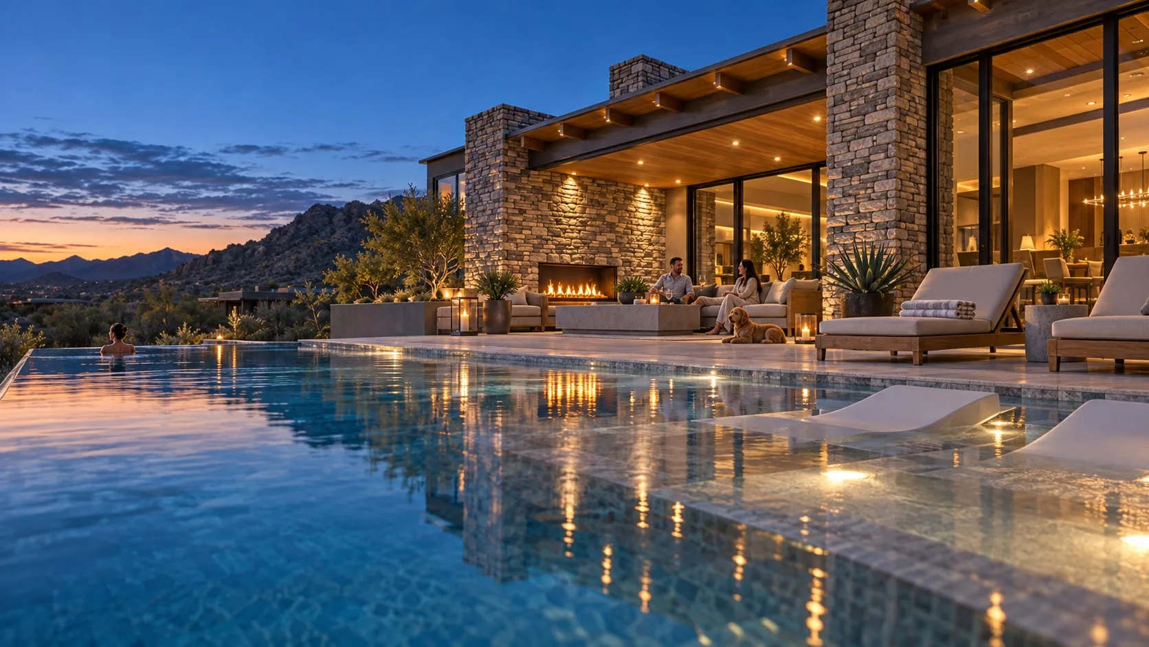 Infinity pool along the terrace at dusk, loungers and lit interiors