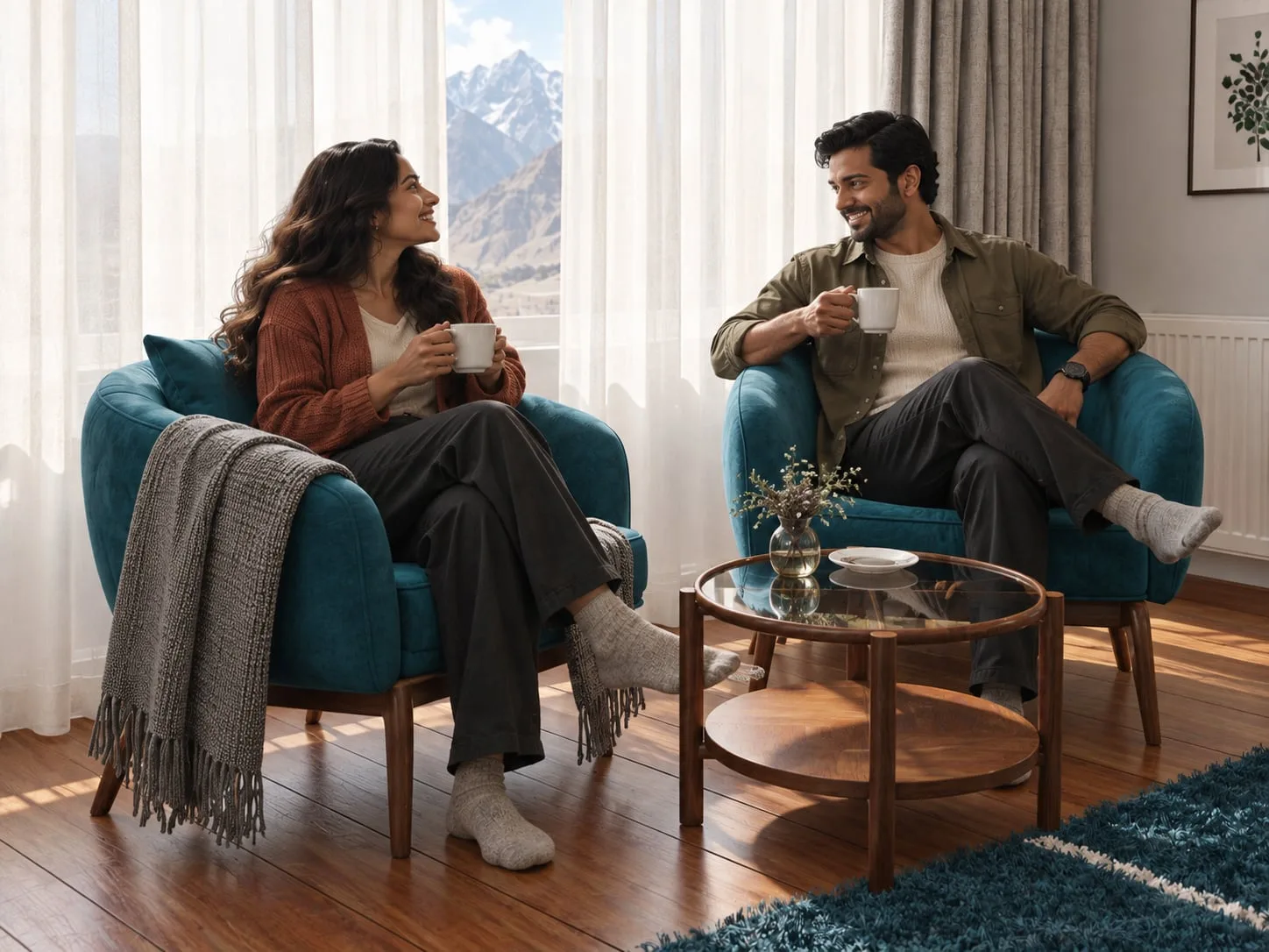 Two guests in teal armchairs by the window with the mountains beyond