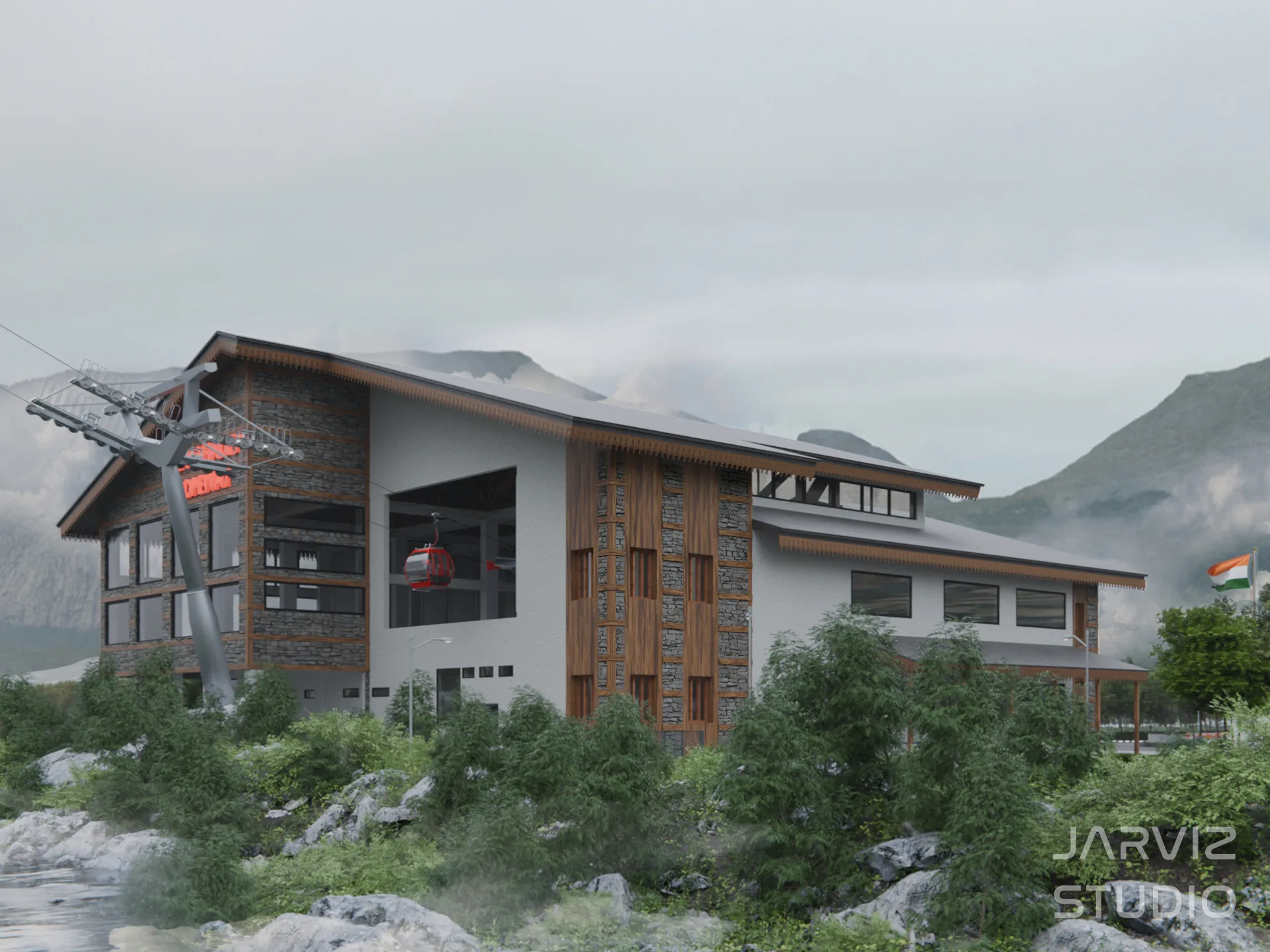 Rear perspective of the Bijli Mahadev Temple Ropeway terminal showing the timber and stone facade against the mountains