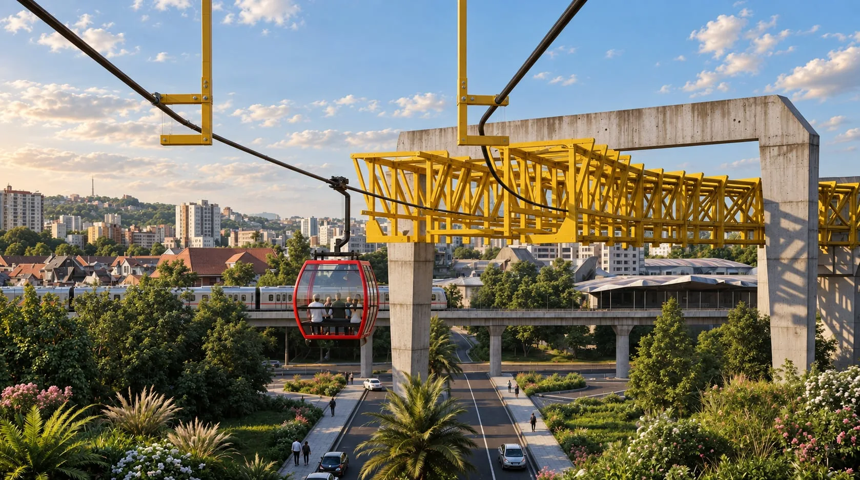 The line curving above the city with the hills beyond
