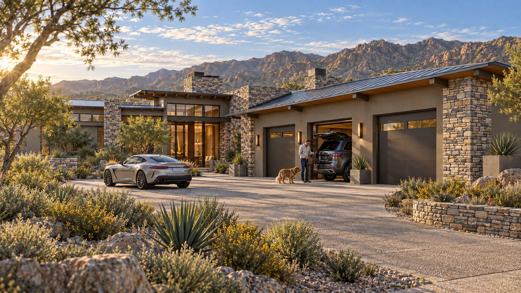 Garage court with the mountains beyond