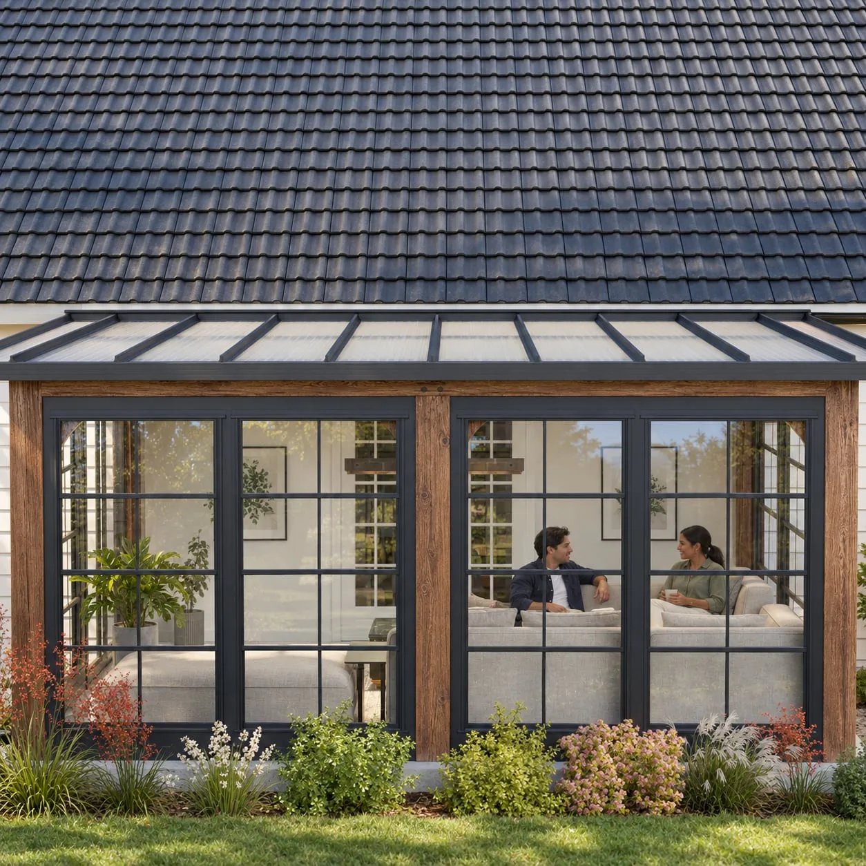 Glazed garden room with a tiled roof seen from the lawn