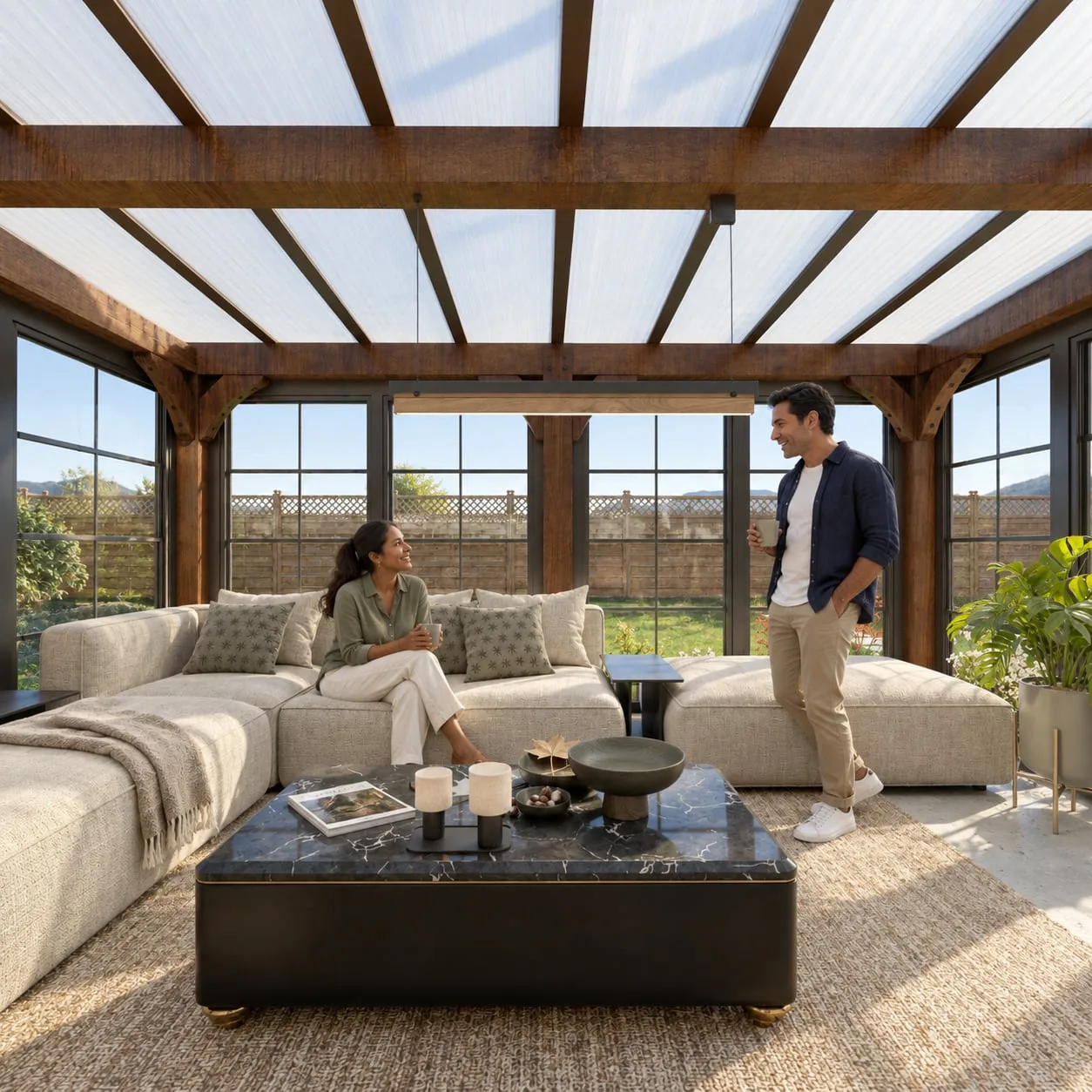 Inside the garden room, seating under the glazed roof