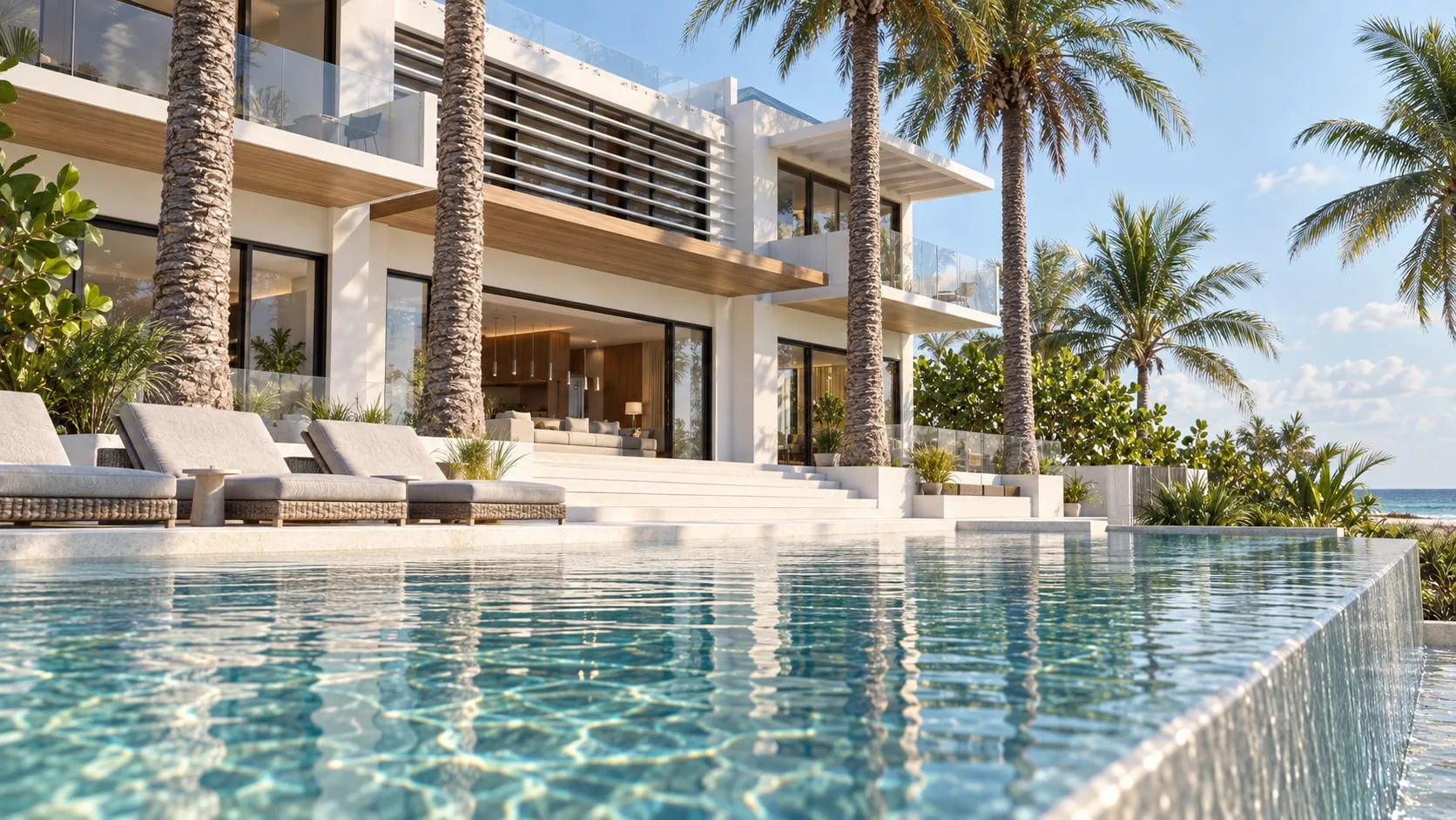 Pool terrace with the living pavilion behind