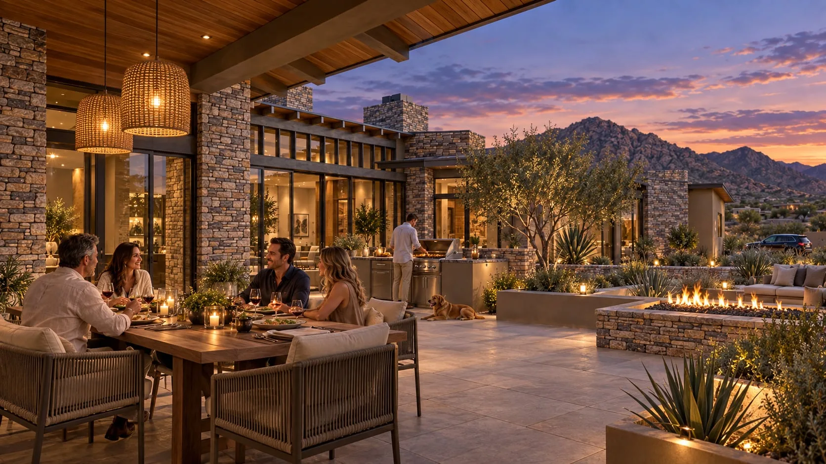 Guests dining on the covered terrace at sunset