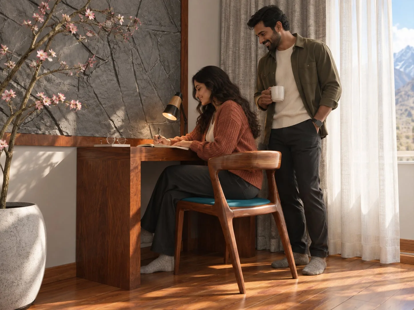 Dressing table by the window with blossom in the foreground