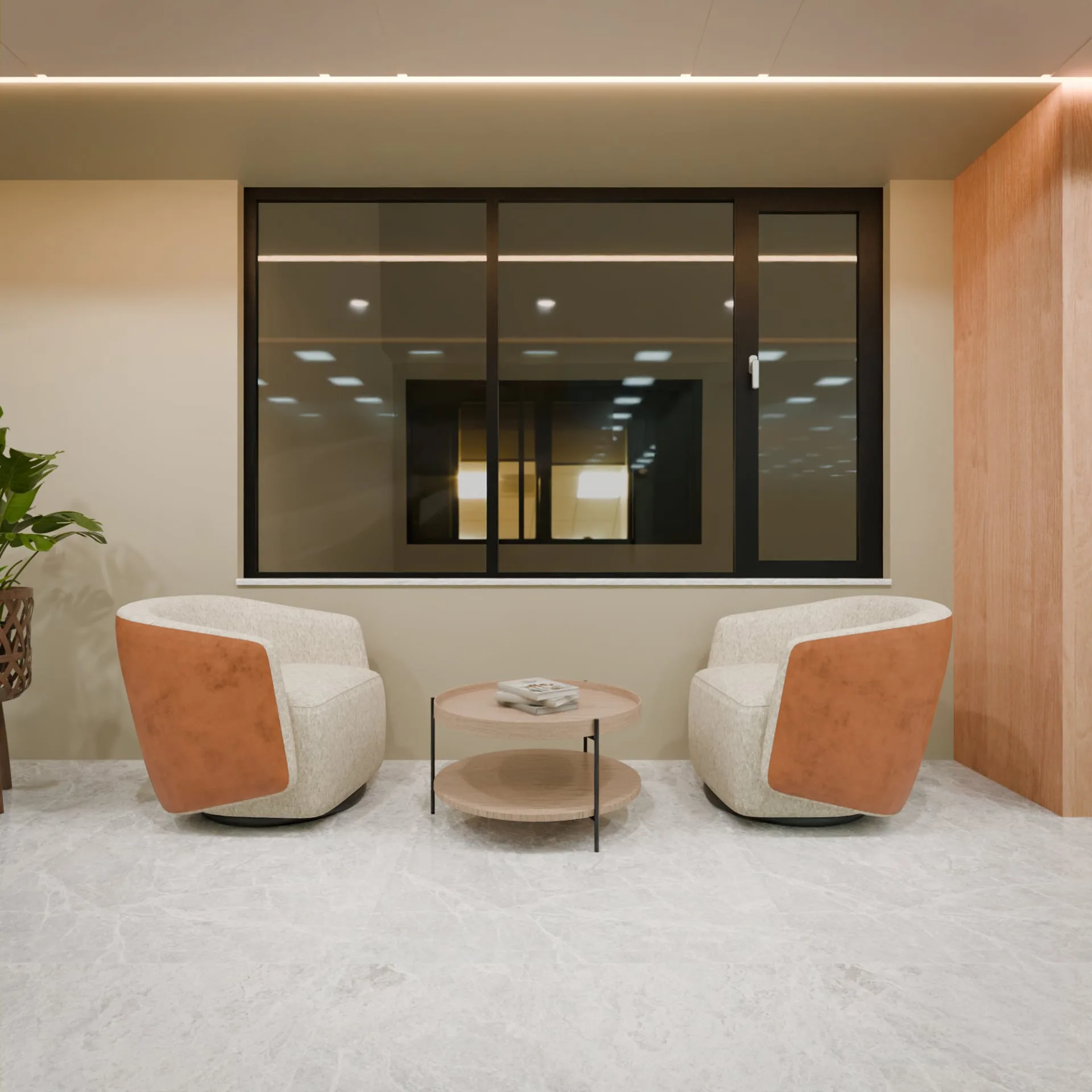 Waiting area with boucle and tan armchairs below a lit window