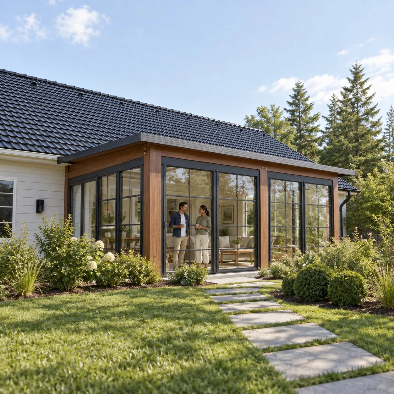 Garden room against the house with the doors open