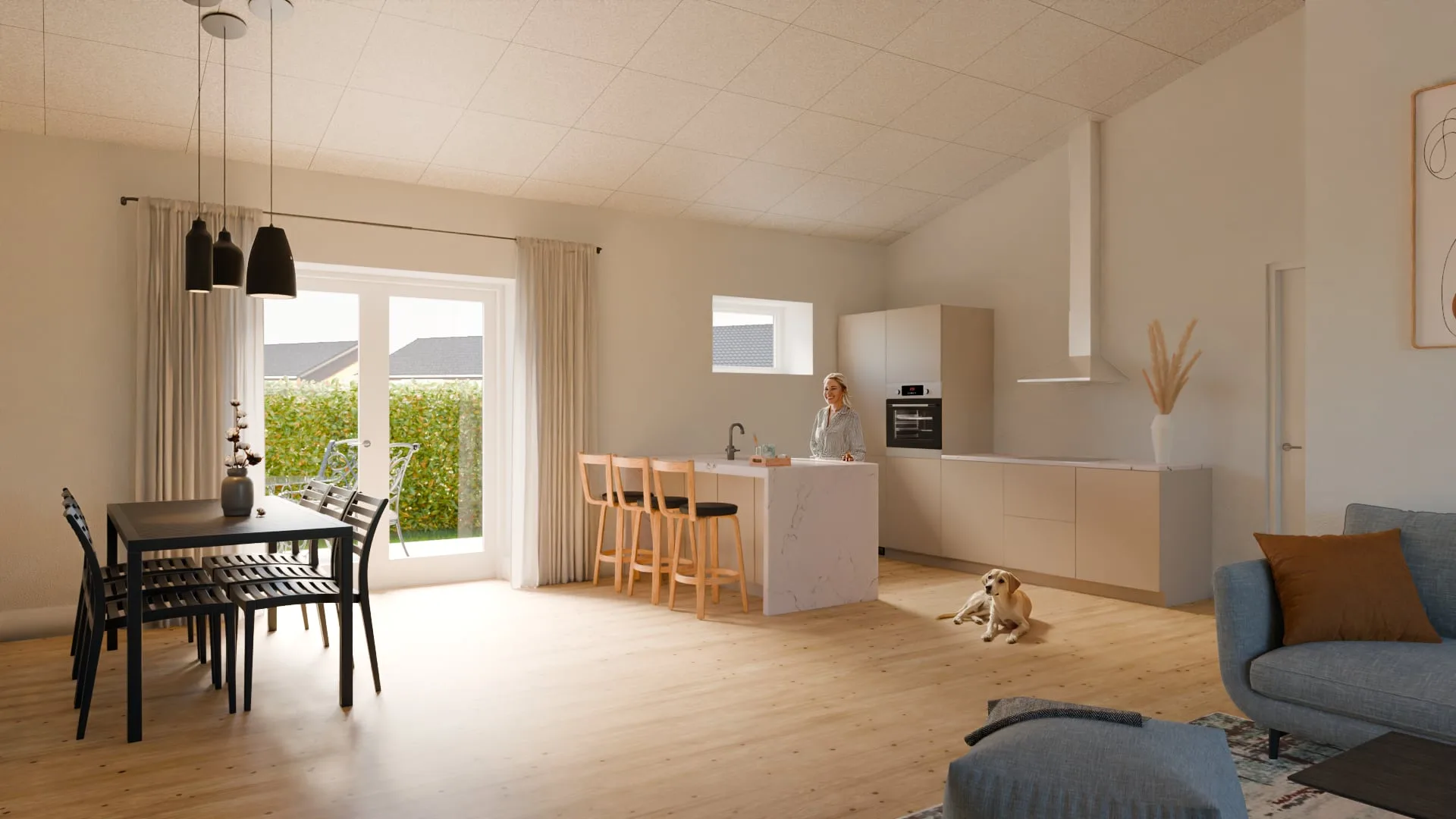 Open-plan kitchen and dining room with a pale island, black pendants and a dog on the oak floor