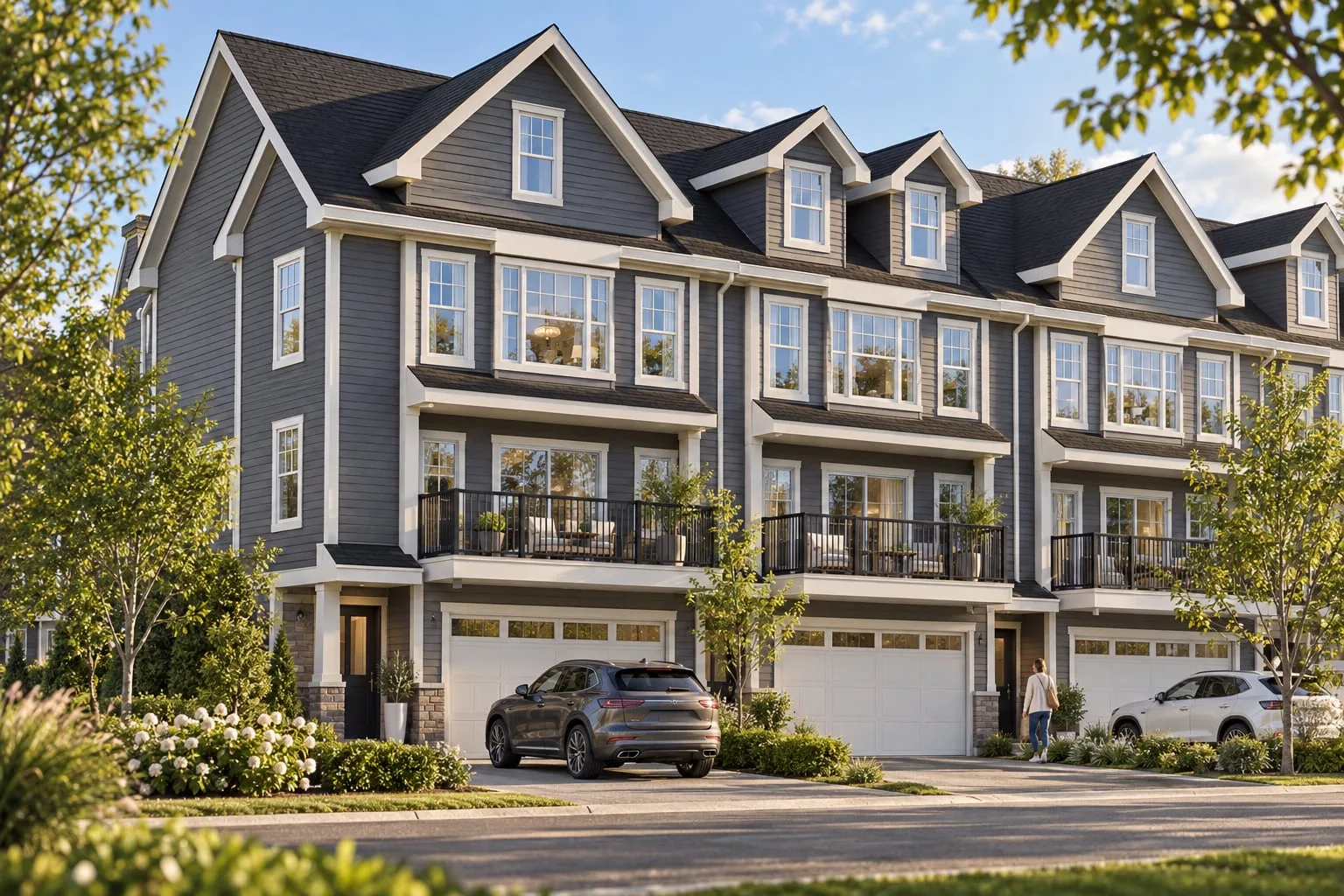 A row of three-storey townhomes with garages at street level, cars in the driveways