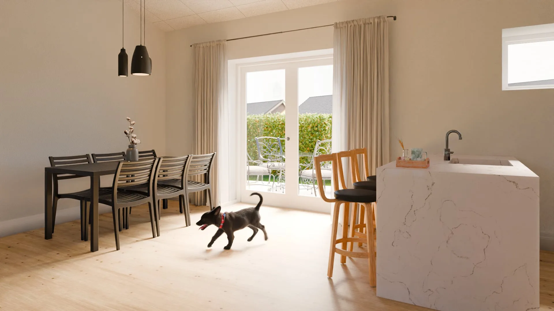 Dining table beside the kitchen, patio doors open to the garden and a cat crossing the floor