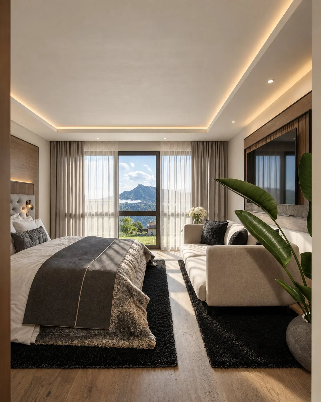 The same bedroom from the door, bed at an angle, a tall plant by the window and the ridge line outside