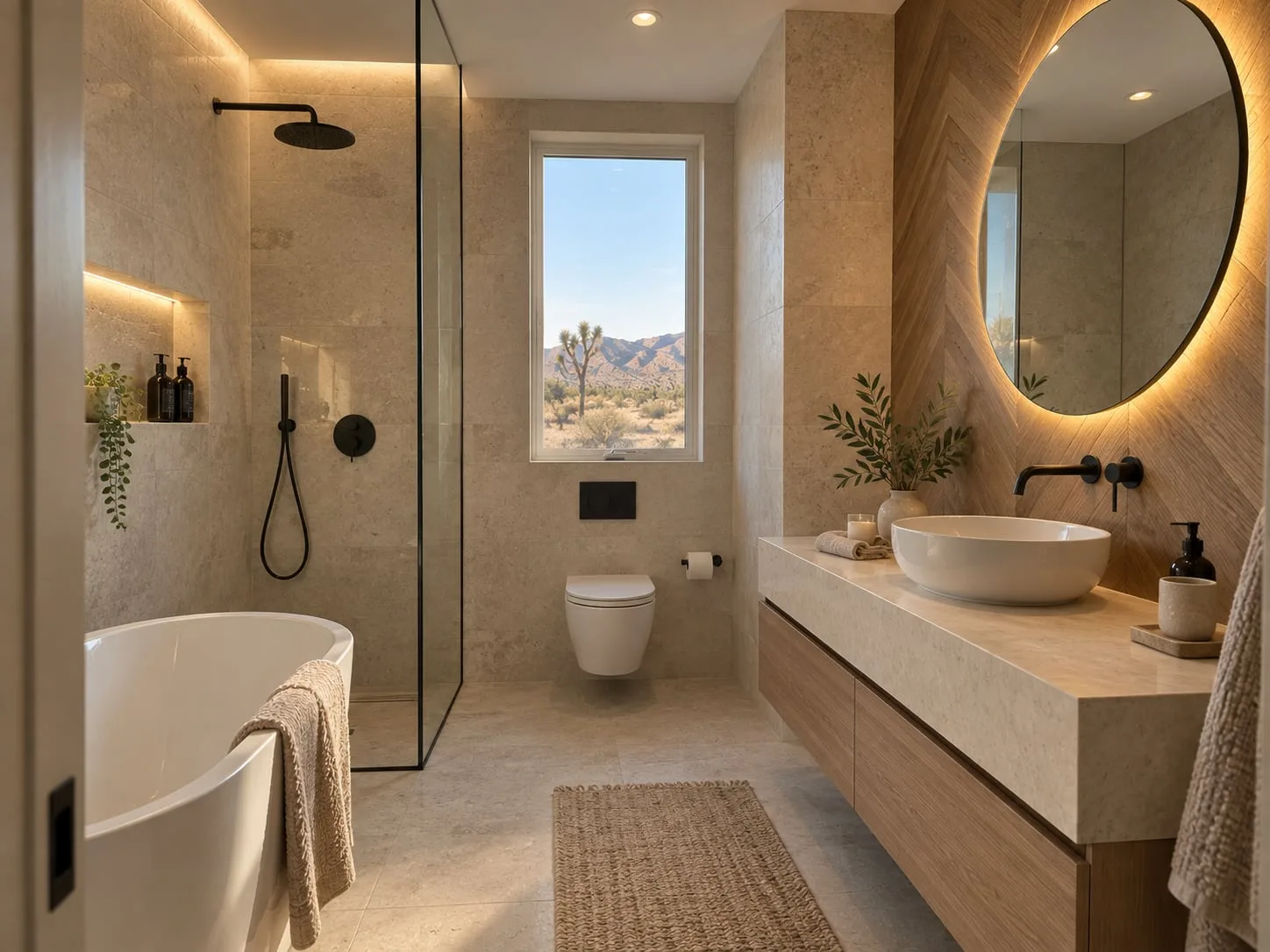Bathroom with a walk-in shower, freestanding bath and round mirror