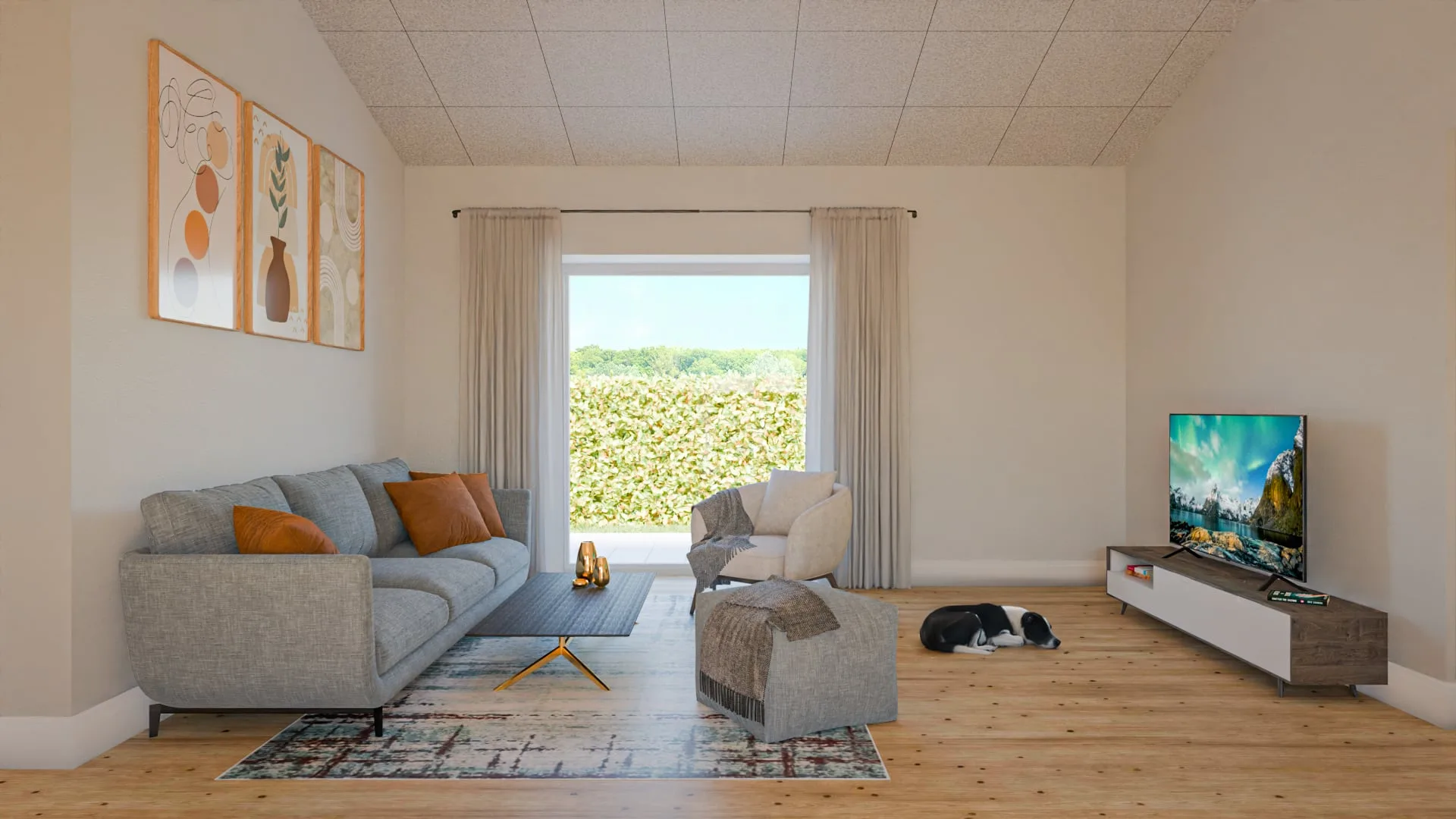 Living room from the other side, corner sofa facing a wall-mounted television