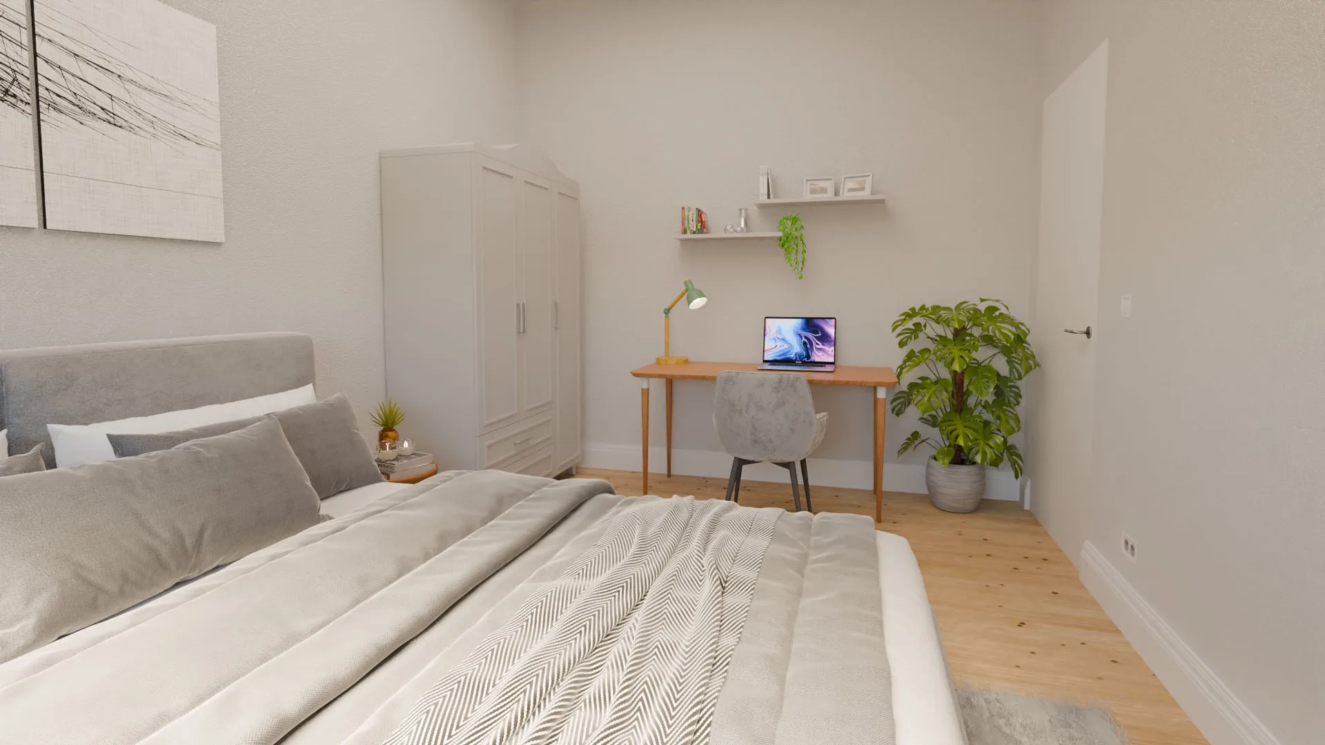 Bedroom with a built-in desk under the window and a fitted wardrobe wall