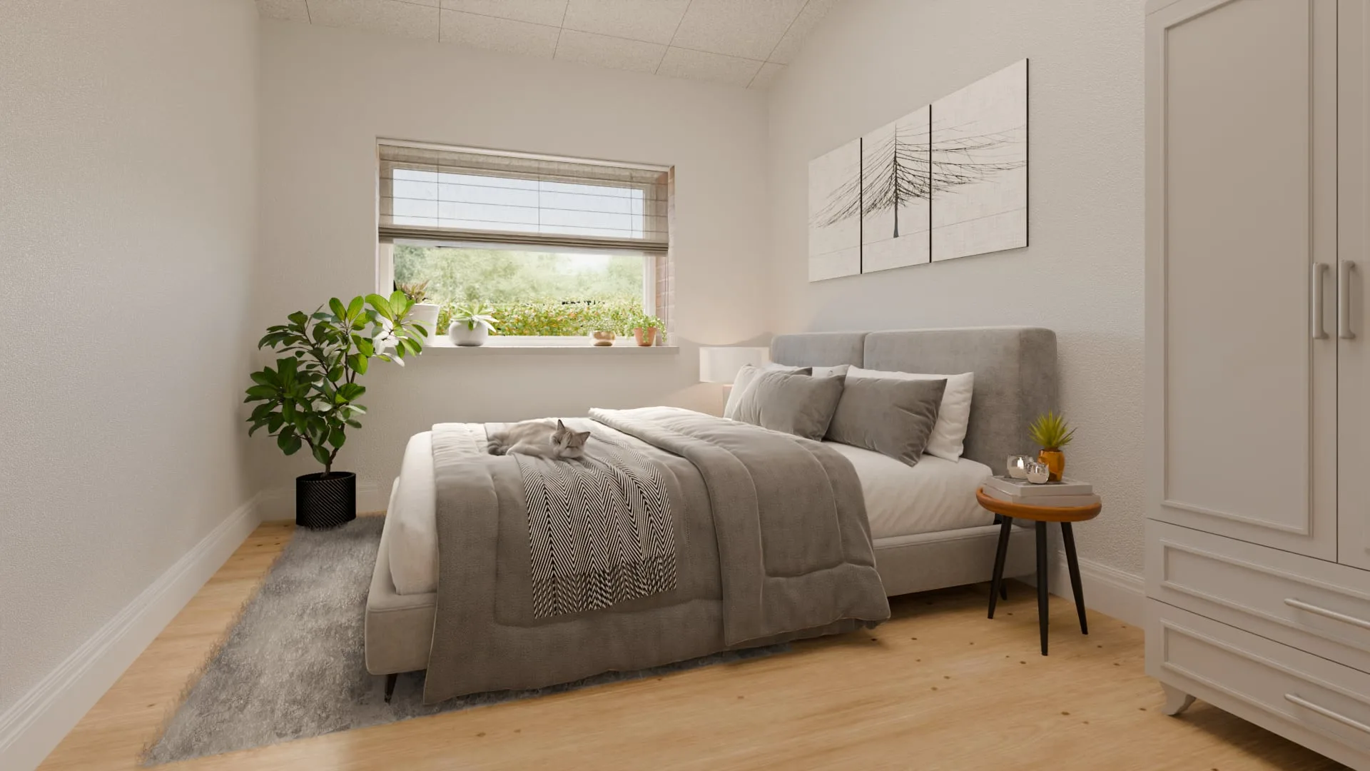 Bedroom with a linen bed, side table and window onto the garden