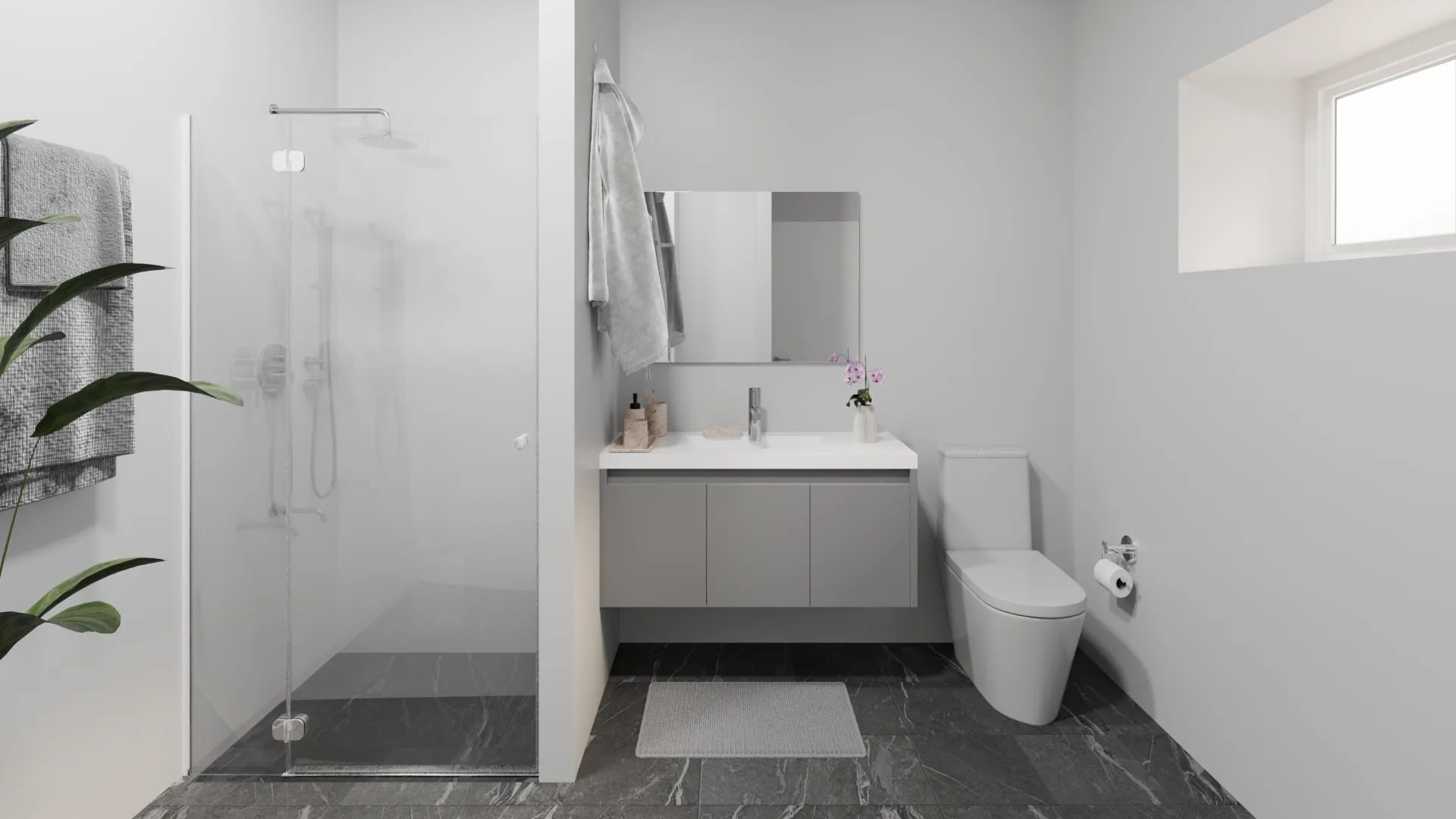 Shower room with a wall-hung basin, mirror and dark tiled floor