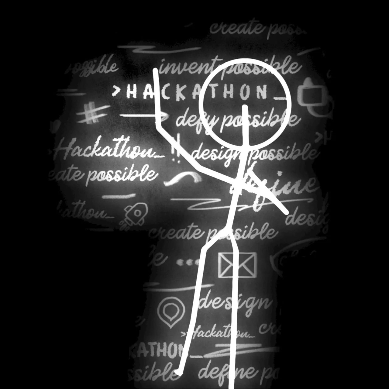 A chalk stick figure standing with one arm raised, drawn over a blackboard covered in handwritten hackathon slogans